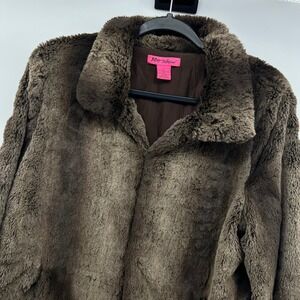 Betsey Johnson Faux Fur Jacket Brown Coat Collared Plush Outerwear Women's Large